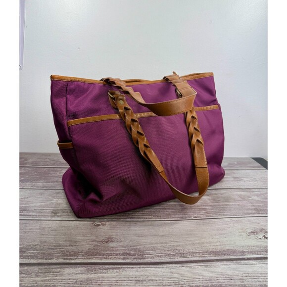 NWOT Eddie Bauer Leather Trim Braided Handle Brown Tote Travel Bag Burgundy - Picture 1 of 16